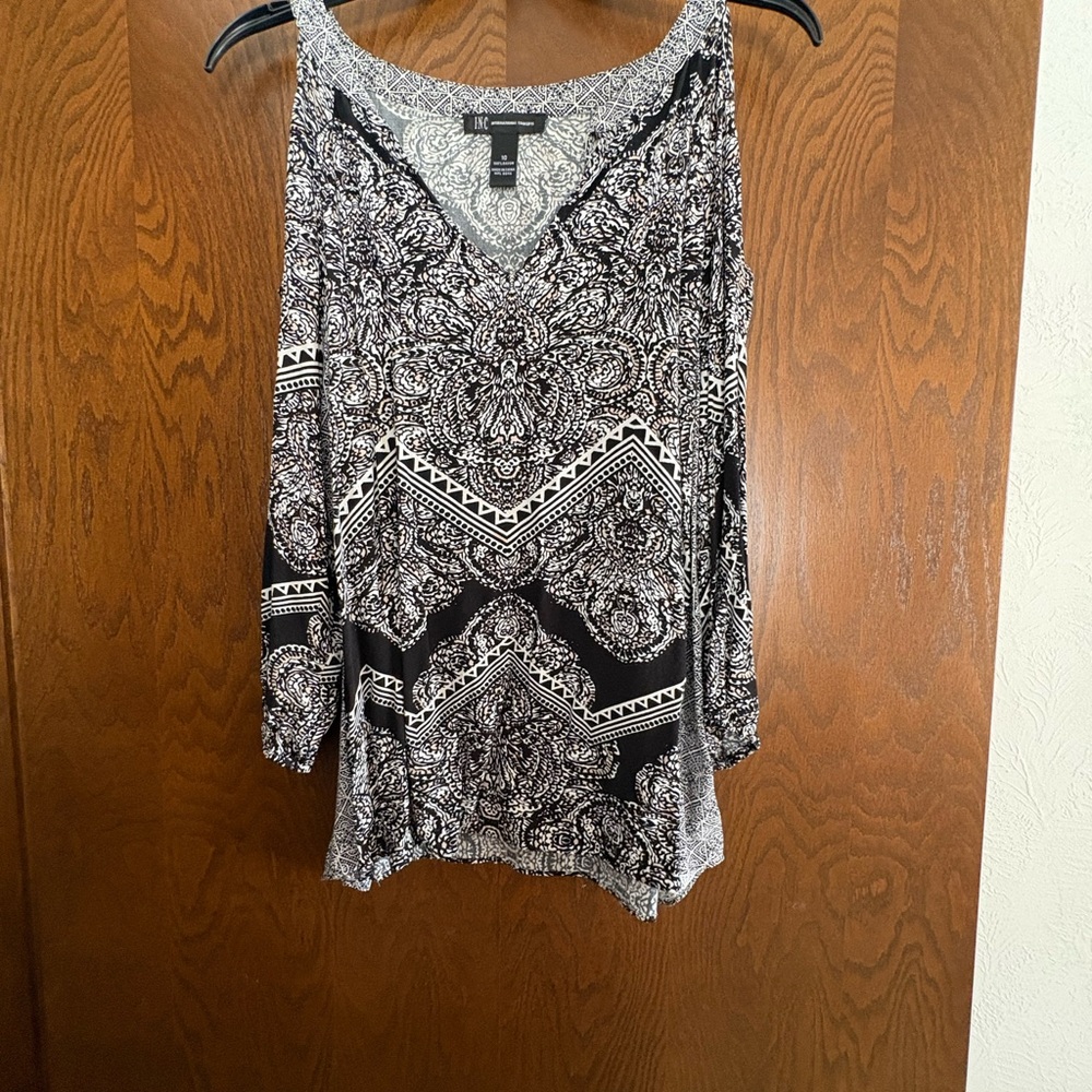 INC International Concepts Black and White Paisley Cold Shoulder Blouse
